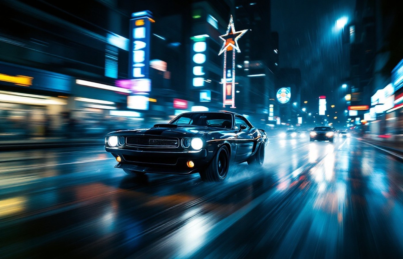 A black car speeding through a rain-soaked neon street
