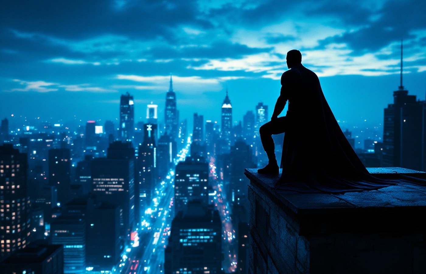 A superhero silhouette overlooking a city at dusk
