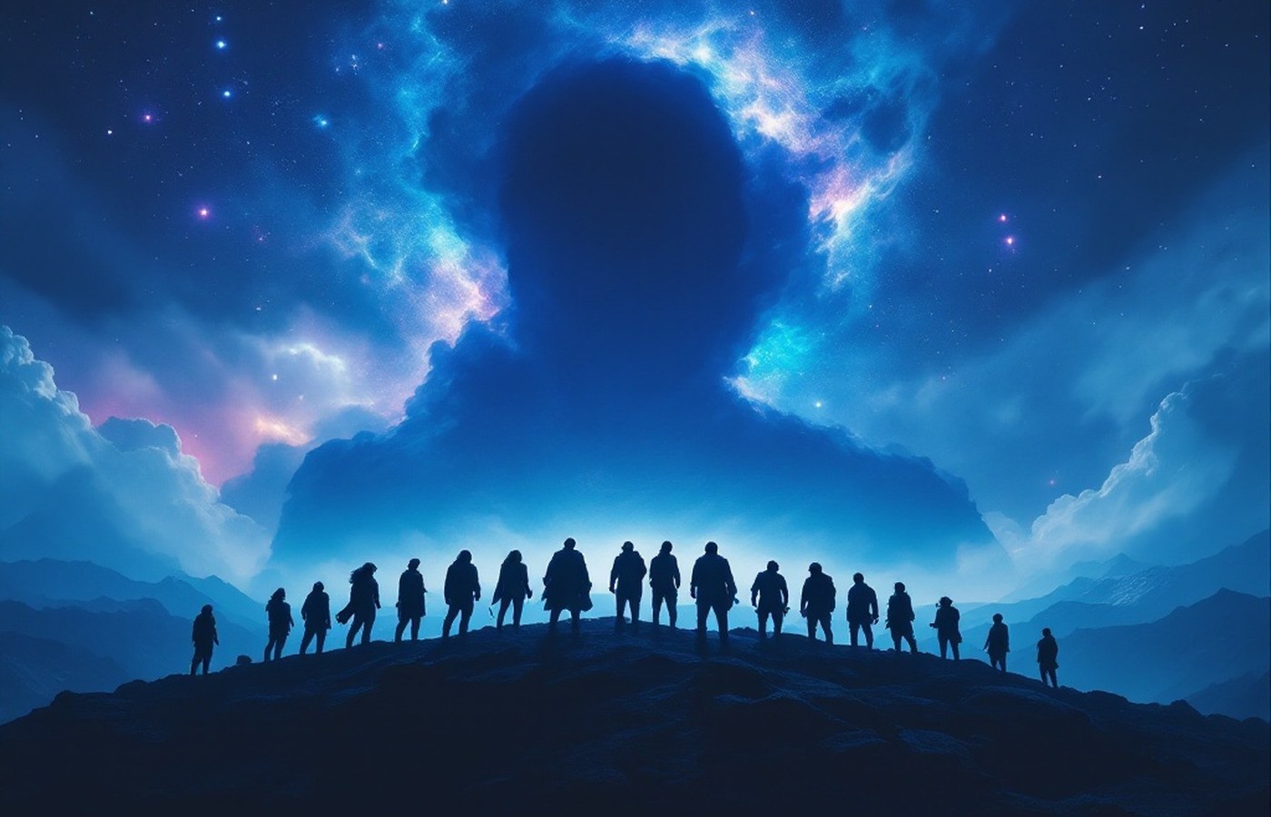 Heroic silhouettes facing a looming cosmic shadow