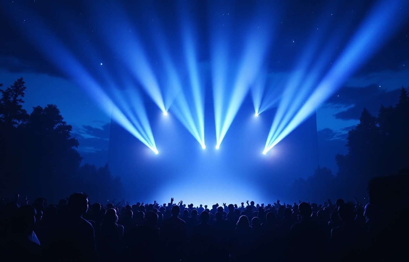 Spotlights sweeping the sky above a premiere crowd