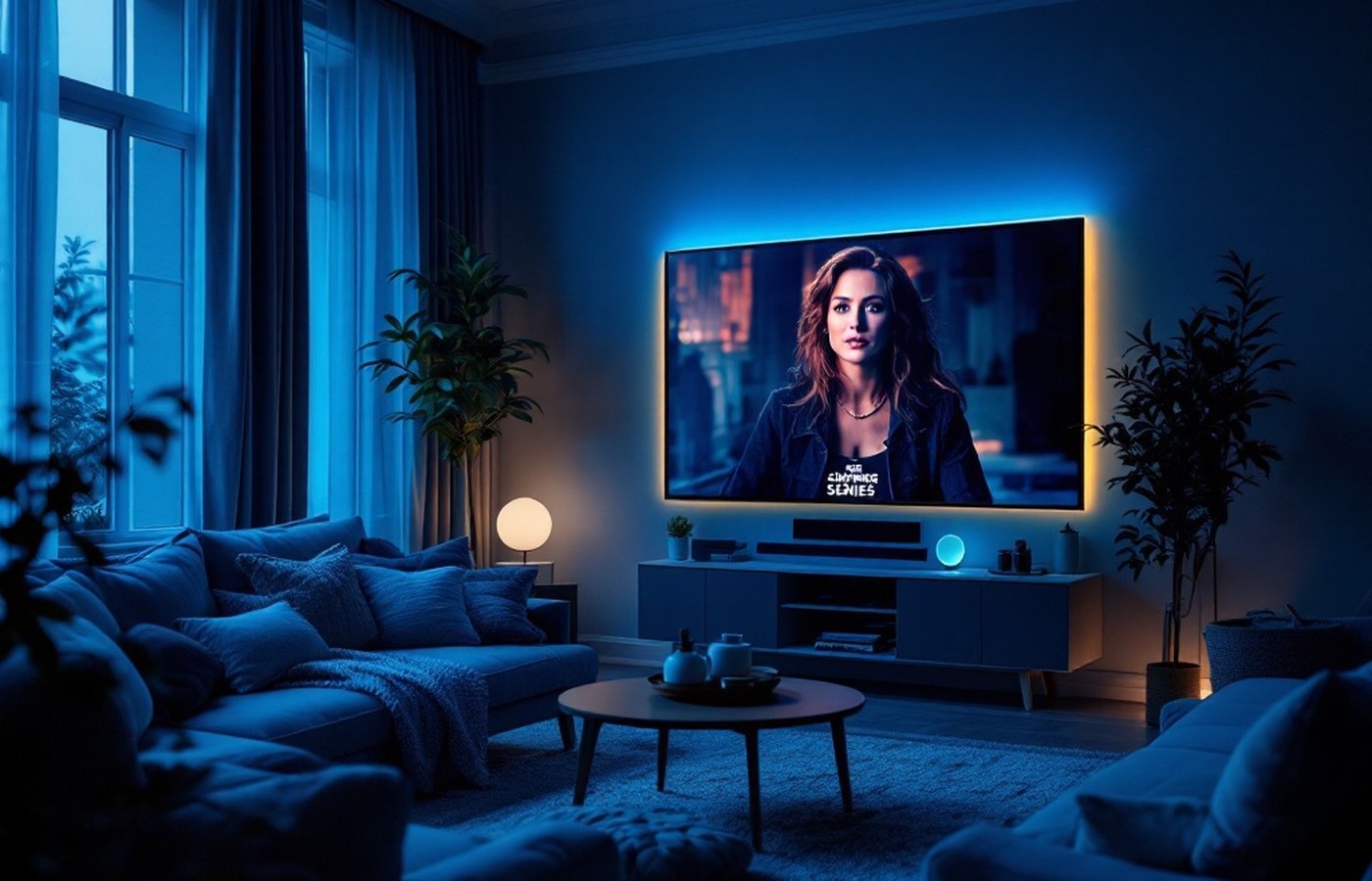 A living room lit by a glowing TV screen