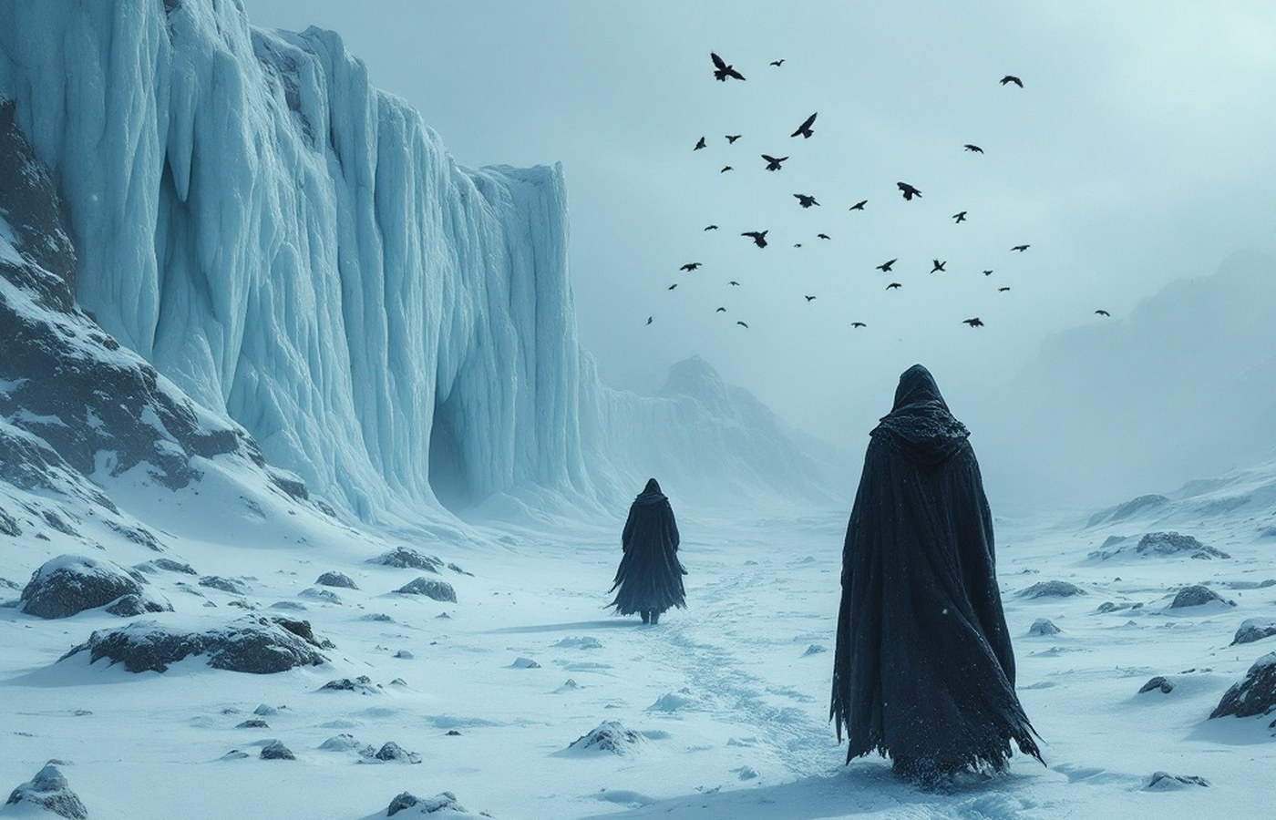 A cloaked figure walking toward a distant ice wall