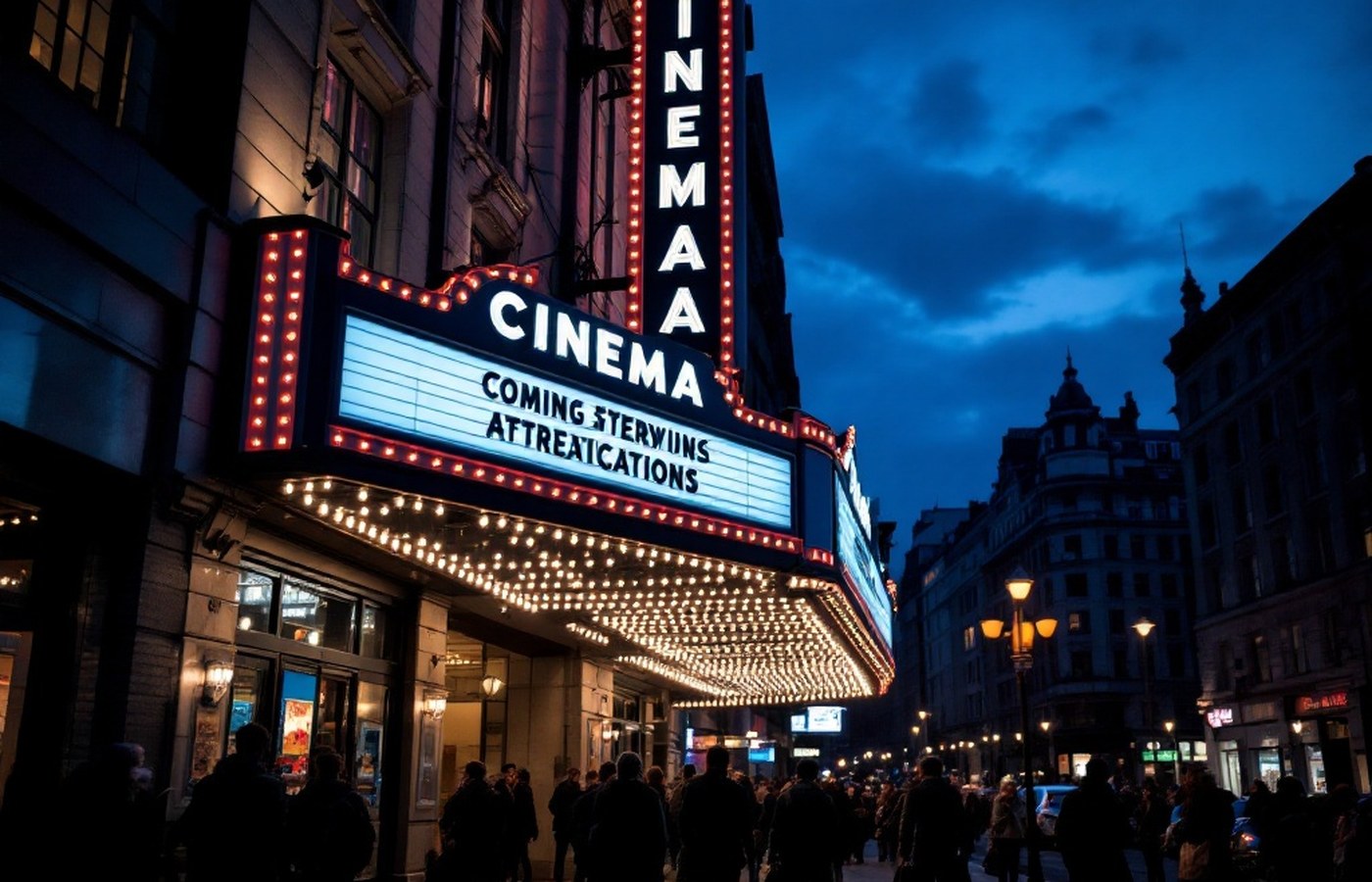 A glowing cinema marquee at blue hour