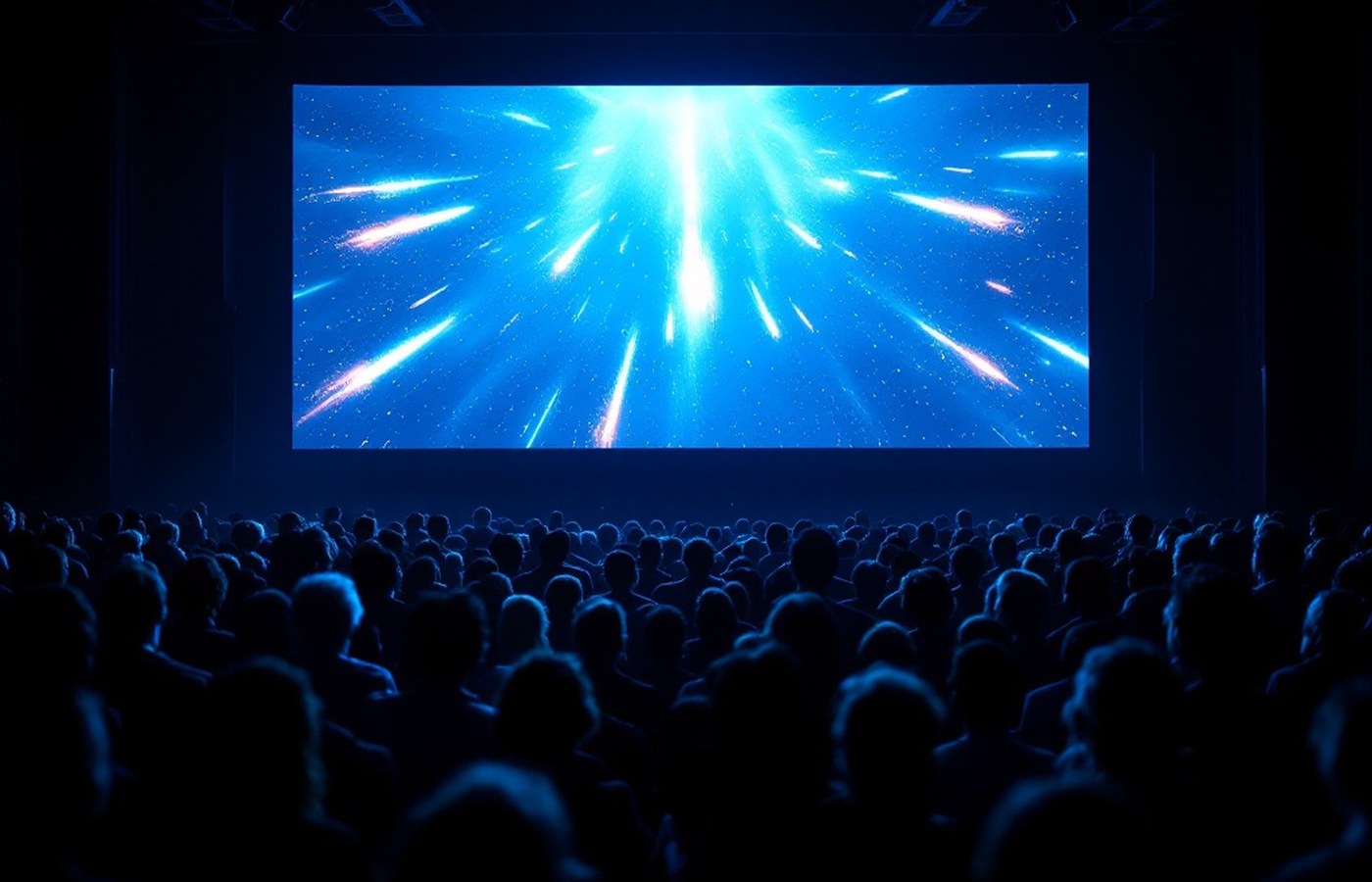 A packed audience silhouetted against an epic bright screen